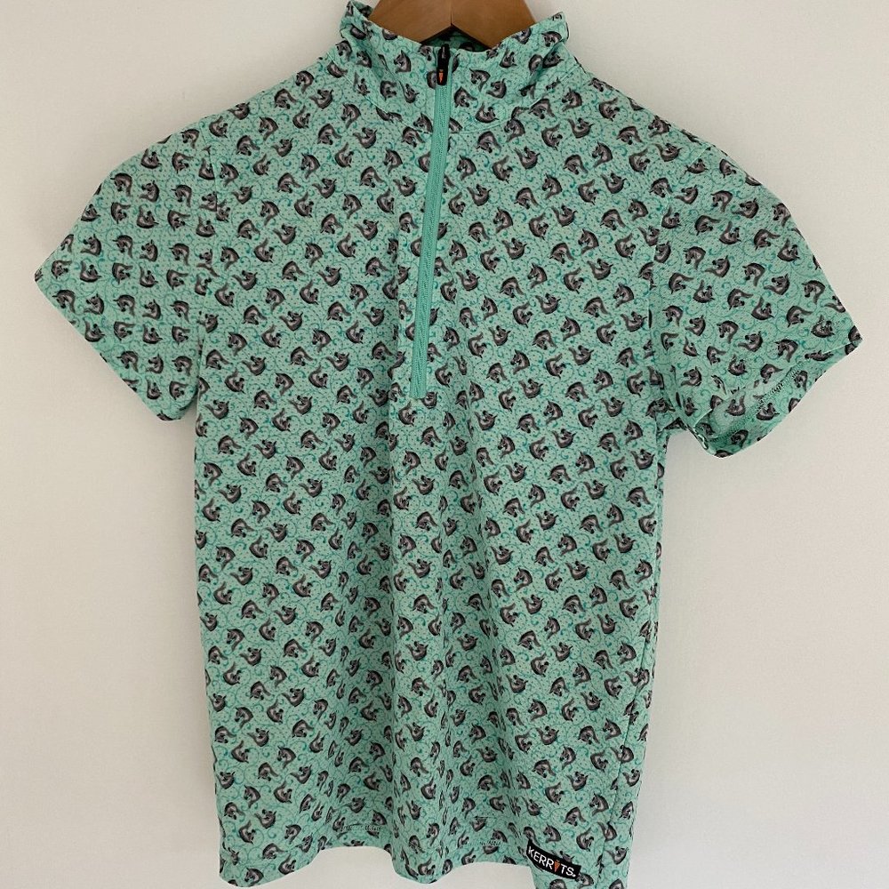 Kerrits, Teal, Horse riding short sleeve shirt, Kids Medium, Zip up